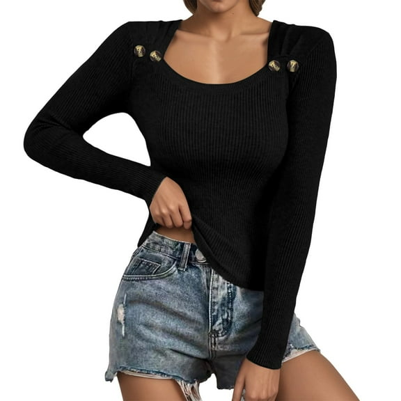EDFBUYKRS Female Sweaters Sweater Winter Tops for Woman Black Crew Neck Knit Solid Short Sleeve Pullover Tops for Junior Fall Sweater M