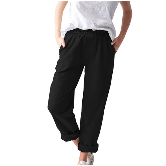 EDFBUYKRS Female Women Pants Casual Cargo Pants Women Jeans Tall Linen Elastic Waist Pants for Women Solid Color Loose Straight Pants with Pockets for Beach Work Business Xxl