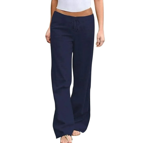 EDFBUYKRS Female Women Pants Casual Dark Grey Sweatpants for Women Womens Clothing Summer Solid Color Elastic Waist Linen Wide Leg Pants Casual Loose Lace up Pants for Women M