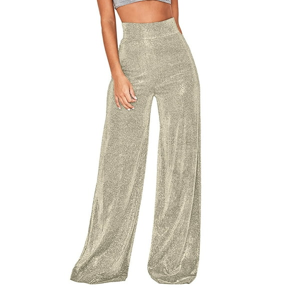 EDFBUYKRS Female Women Pants Casual High Waisted Pants for Women Dressy Petite Women's Bright Silk High Waist Draped Zipper Wide Leg Flare Pants L