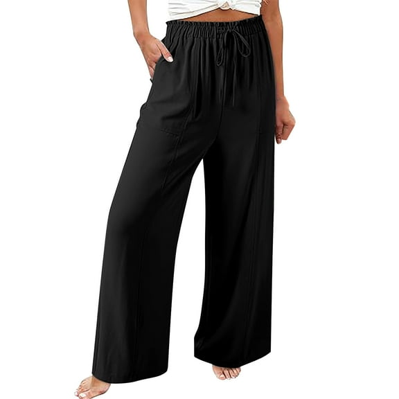 EDFBUYKRS Female Women Pants Casual Hiking Pants Women Tall 36 Inseam Women's Flowy Wide Leg Pants Casual Beach Pants High Waisted Drawstring Palazzo Trousers with Pockets M