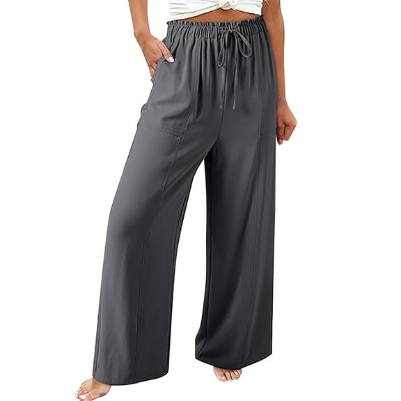 EDFBUYKRS Female Women Pants Casual Hiking Pants Women Tall 36 Inseam Women's Flowy Wide Leg Pants Casual Beach Pants High Waisted Drawstring Palazzo Trousers with Pockets M