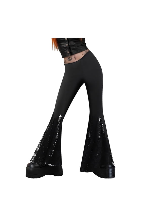 Female Women Pants Casual Hiking Pants Women Tall Long High Waist Lace Hollow Out Casual Pants Gothic Punk Style Flared Trousers Versatile Straight Leg Bottoms S