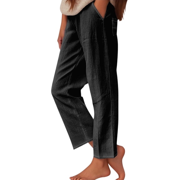 EDFBUYKRS Female Women Pants Casual Linen Pants Women Long Inseam Womens Daily Elastic Waist Workout Trousers Solid Long Pants Loose Casual Pockets Trousers L