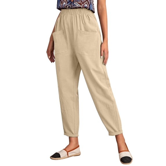 EDFBUYKRS Female Women Pants Casual Linen Pants Women Petite Short Length Women's Spring and Summer and Linen Solid Color Casual Stitching Wide-Leg Trousers Loose Pocket Straight-Leg Pants Xxl