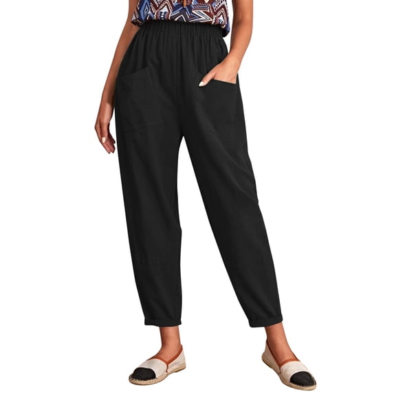 EDFBUYKRS Female Women Pants Casual Linen Pants Women Petite Short Length Women's Spring and Summer and Linen Solid Color Casual Stitching Wide-Leg Trousers Loose Pocket Straight-Leg Pants Xxl