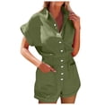 thumbnail image 1 of EDFBUYKRS Female Women Pants Casual Linen Pants Women Petite Straight Leg Women Fashion Solid Lapel Short Sleeve Pocket Straight Shorts Romper M, 1 of 5