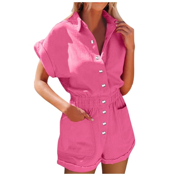 EDFBUYKRS Female Women Pants Casual Linen Pants Women Petite Straight Leg Women Fashion Solid Lapel Short Sleeve Pocket Straight Shorts Romper S