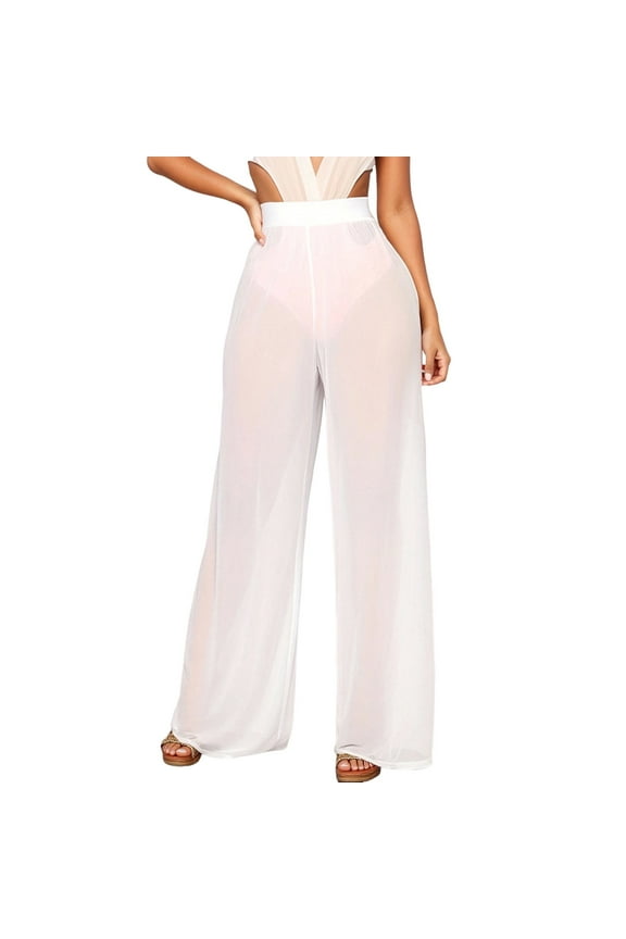 Female Women Pants Casual Linen Pants Women Short Inseam Women Wide Leg Sheer Mesh Sheer Loose Swimsuit Beach Pants High Waisted Bikini Bottoms with Straight Bottom Long Pants M