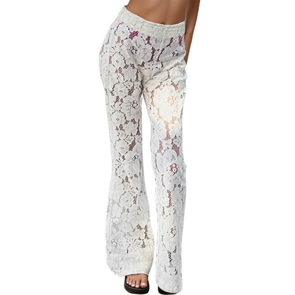 EDFBUYKRS Female Women Pants Casual Pants for Women Jeans Stretchy Floral Lace Bottom Pants Boho Casual Trousers with Hollow Out Embroidery for and Summer Fashion S