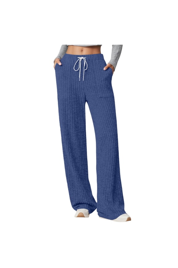 Female Women Pants Casual Straight Leg Sweatpants for Women Petite Casual Fall Winter Trousers Elastic Waist Soft Knitted Ribbed Texture High Rise Pocket Pants Comfortable Daily Wear Xl