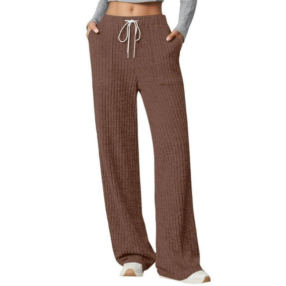 EDFBUYKRS Female Women Pants Casual Straight Leg Sweatpants for Women Petite Casual Fall Winter Trousers Elastic Waist Soft Knitted Ribbed Texture High Rise Pocket Pants Comfortable Daily Wear M