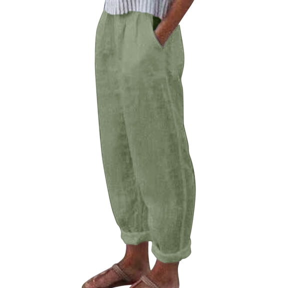 EDFBUYKRS Female Women Pants Casual Sweatpants for Women Petite Length Short Women Solid Linen Trouser Pant Casual Baggy Elastic Waist Trouser Wide Leg Pant with Pocket Fashion Pant Xxxxxl