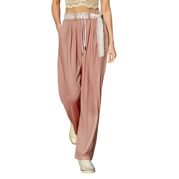 EDFBUYKRS Female Women Pants Casual Sweatpants Women Petite Short Set Women's Casual Pants Lace Trim Straight Leg Pants Comfortable Breathable Summer Fall Travel Outdoor Everyday Wear L