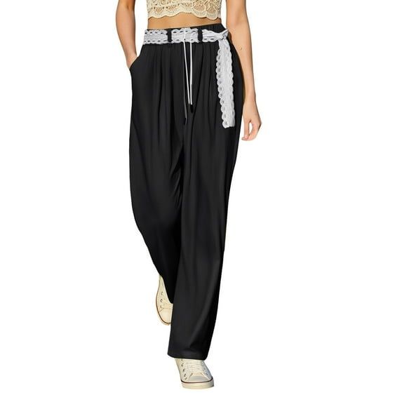 EDFBUYKRS Female Women Pants Casual Sweatpants Women Petite Short Set Women's Casual Pants Lace Trim Straight Leg Pants Comfortable Breathable Summer Fall Travel Outdoor Everyday Wear L