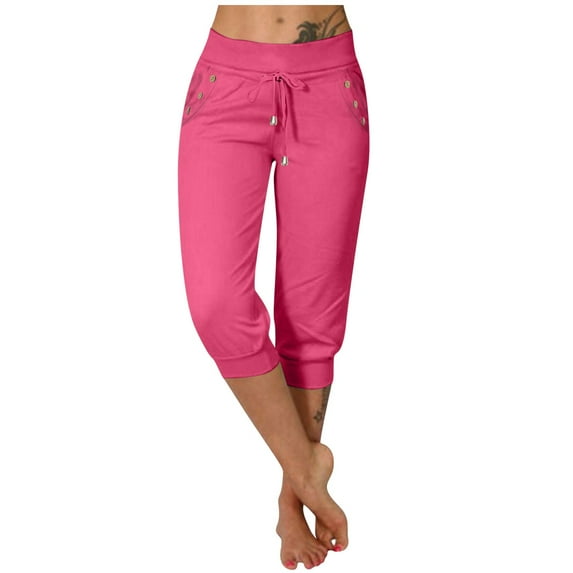 EDFBUYKRS Female Women Pants Casual Sweatpants for Women Womens Casual Sport Yoga Solid Pockets Elastic Belt Waist Pants 3/4 Long Length Trousers M