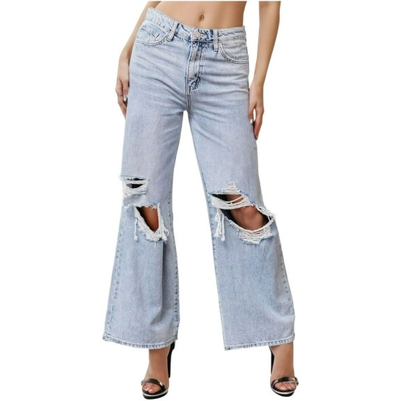 EDFBUYKRS Female Women Pants Casual Teacher Pants Petite Women Ladies Solid Loose Wide Leg Ripped Jeans Denim Pants Trousers M