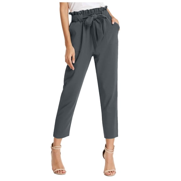 EDFBUYKRS Female Women Pants Casual Teacher Pants Plus Size Petite Women's Casual Pants Solid High Waist Self Tie Belted Pencil Trouser Xl