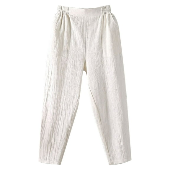 EDFBUYKRS Female Women Pants Casual Travel Pants Women Petite Linen "Women's Lightweight Casual Plus Size White Loose Fit High Waisted Crop Pants" M