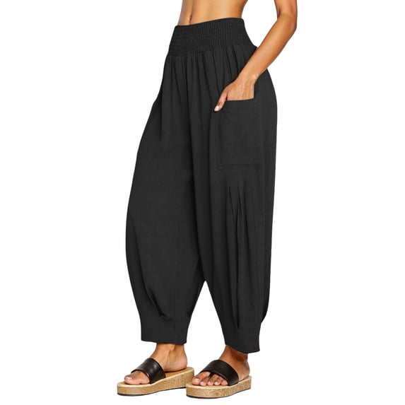 EDFBUYKRS Female Women Pants Casual Travel Pants Women Plus Size Tall Women Linen Boho Pants Baggy Harem Pants Summer Loose Wide Leg Trousers High Waisted Beach Pants with Pocket Xxl