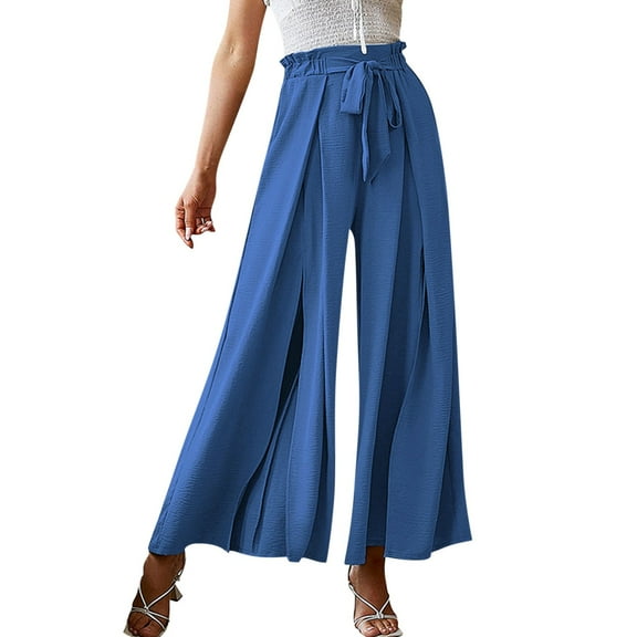 EDFBUYKRS Female Women Pants Casual Travel Pants Womens Plus Size Women Fashion Bow Loose High Waist Pleated Wide Leg Pants Belted Pants S