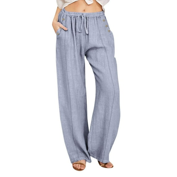 EDFBUYKRS Female Women Pants Casual Wide Leg Sweatpants Women Tall 34 Inseam Women Linen Casual Pants Summer Wide Leg Loose Drawstring High Waist Wide Leg Pants with Pockets Xxl