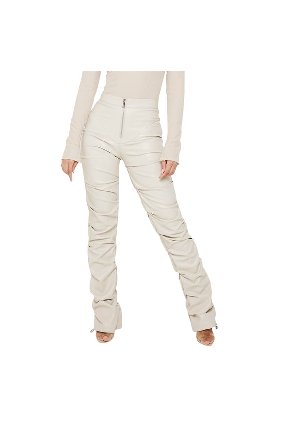 Female Women Pants Casual Women Sweatpants Baggy Women Leather Ruched Pants Low Waist Pu Leather Stacked Leggings Tights Party E Girl Streetwear S