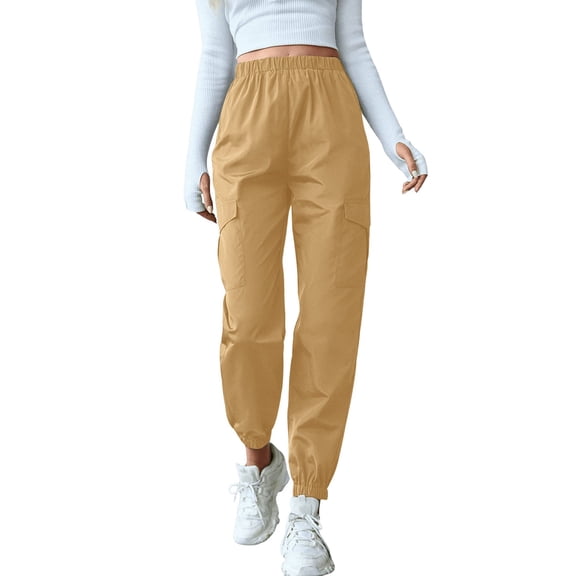 EDFBUYKRS Female Women Pants Casual Women Sweatpants Pack Winter Womens Daily Elastic Waist Street Loose Cargo Pants Pockets Trousers M