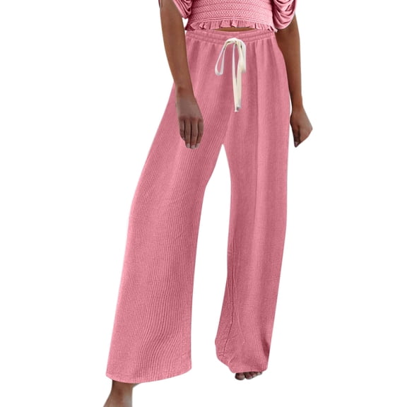 EDFBUYKRS Female Women Pants Casual Women Sweatpants with Pockets under 10 Women Casual Solid Rib Wide Leg Pants Straight High Waist Loose Wide Leg Pants One Size