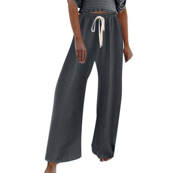 EDFBUYKRS Female Women Pants Casual Women Sweatpants with Pockets under 10 Women Casual Solid Rib Wide Leg Pants Straight High Waist Loose Wide Leg Pants One Size