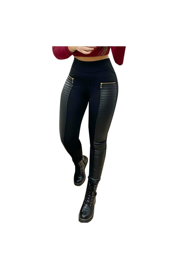 Female Women Pants Casual Women's Pants High Waisted Tall Women's Leather Contrast Zipper Design High Waist Skinny Pants M