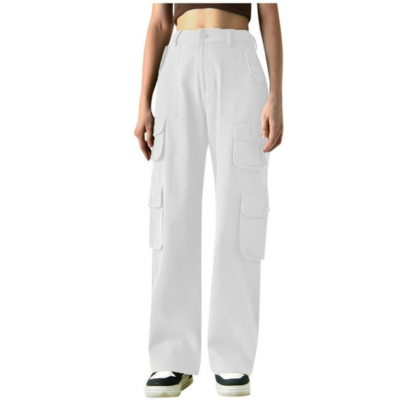 EDFBUYKRS Female Women Pants Casual Womens Dress Pants Straight Leg High Waisted Womens Parachute Pants Baggy Cargo Pants Drawstring Low Waisted Parachute Pants with Pockets L