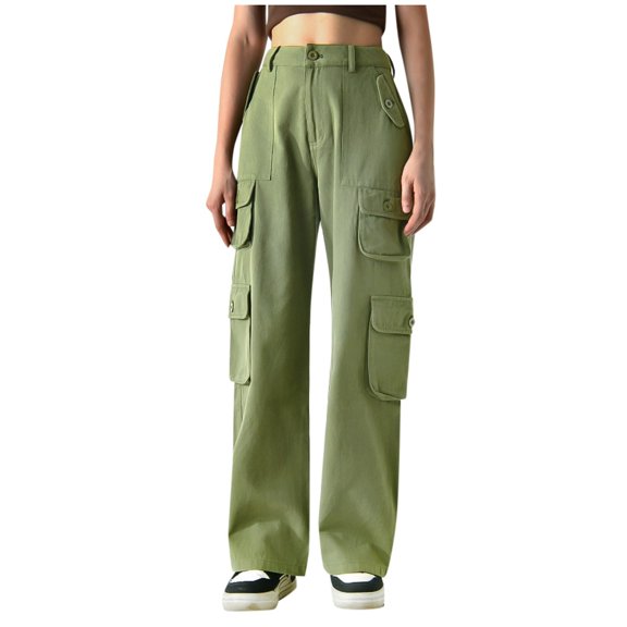 EDFBUYKRS Female Women Pants Casual Womens Dress Pants Straight Leg High Waisted Womens Parachute Pants Baggy Cargo Pants Drawstring Low Waisted Parachute Pants with Pockets L