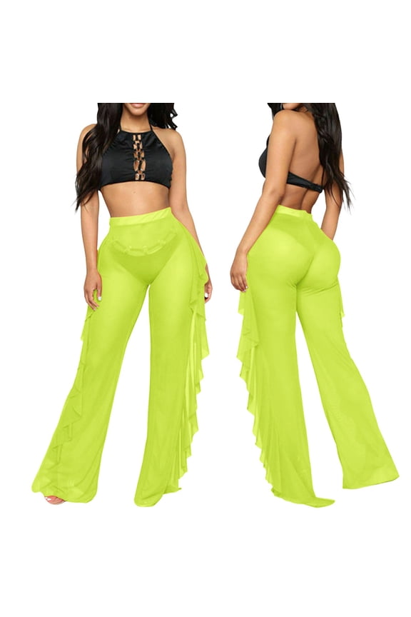 Female Women Pants Casual Womens Dress Pants for Work Stretchy Women Mesh Ruffle Trim Cover up Pants Beach Cover up Wrap Bikini Shiny Wraps Cover Ups for Swimwear Pants M