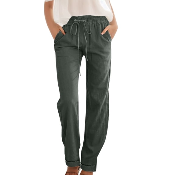 EDFBUYKRS Female Women Pants Casual Womens Linen Pants Long Length Tall 34 Pants for Women Wide Leg Casual Pants with Pockets Lightweight High Waisted Adjustable Tie Knot Loose Trousers Xxl