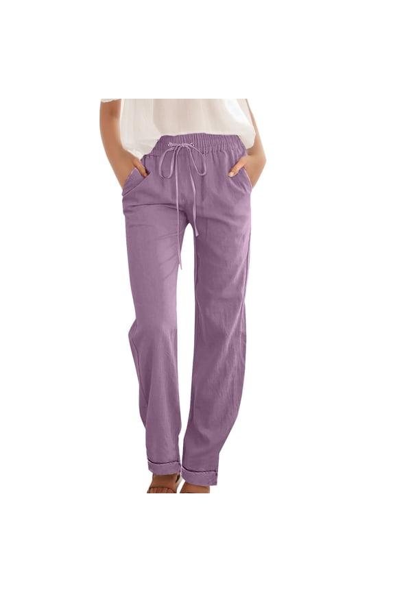 Female Women Pants Casual Womens Linen Pants Long Length Tall 34 Pants for Women Wide Leg Casual Pants with Pockets Lightweight High Waisted Adjustable Tie Knot Loose Trousers Xxl