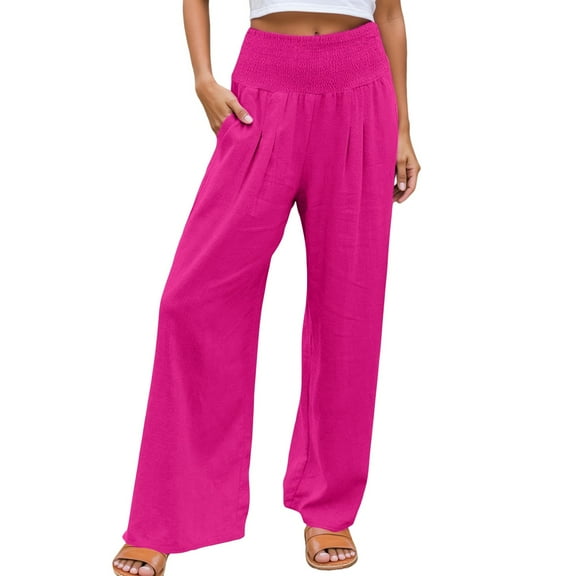 EDFBUYKRS Female Women Pants Casual Womens Linen Pants Plus Size Petite High Waist Wide Leg Palazzo Pants for Women Smocked Elastic Waist Loose Comfy Casual Pajama Pants Pockets Xxxl