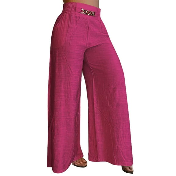 EDFBUYKRS Female Women Pants Casual Womens Pants Elastic Waist Linen Women with Chain Solid Color Wide Leg High Waisted Pants Loose Fitting Flared Pants L