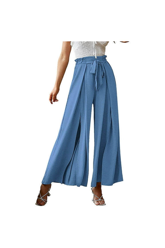 Female Women Pants Casual Womens Pants Elastic Waist Linen Women's Pure Color Bow Split High Waisted Belted Flowy Wide Leg Pants Women Waist Casual Pants S