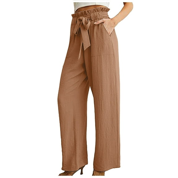 EDFBUYKRS Female Women Pants Casual Womens Pants Petite Pull On Women Casual Pants High Waisted Self Tie Belted Pants Straight Long Trousers with Pockets S