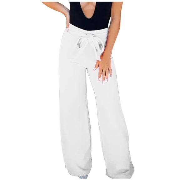 EDFBUYKRS Female Women Pants Casual Womens Pants Petite Women Wide Leg Casual Solid Pants with Pockets Lightweight High Waisted Adjustable Tie Knot Loose Trousers L