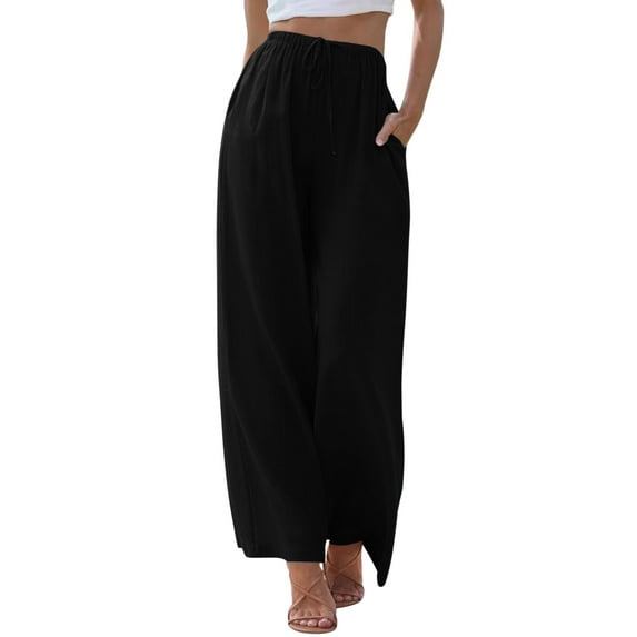 EDFBUYKRS Female Women Pants Casual Womens Tall Pants 35 Inseam Women High Waisted Wide Leg Pants Fashion Drawstring Elastic Trousers Comfy Straight Leg Long Pants with Pockets S