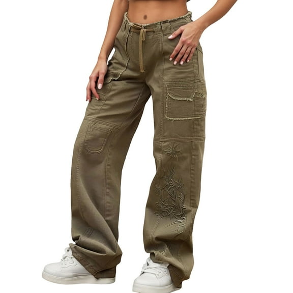 EDFBUYKRS Female Women Pants Casual Womens Track Pants with Stripe Women's Fashionable and Casual Solid Color Retro Pocket Straight Leg Loose Jeans L