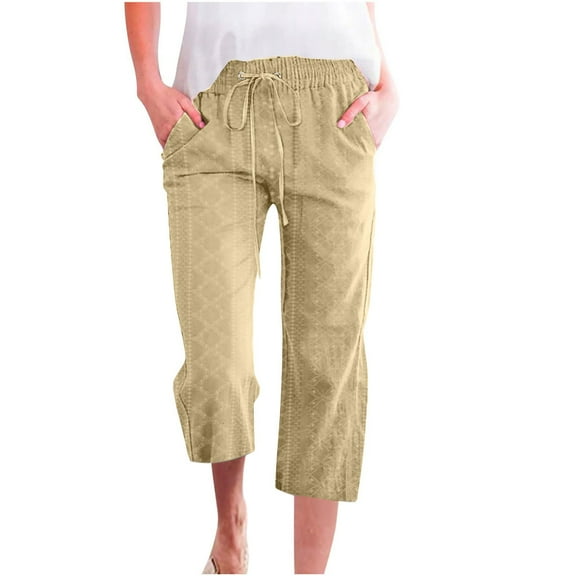 EDFBUYKRS Female Women Pants Casual Womens Trouser Pants Long Women Casual Embroidery Eyelet Elastic Drawstring Capri Pants Fashion Solid Color Capri Leggings with Pocket M
