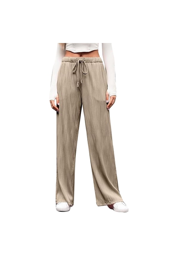 Female Women Pants Casual Womens Trouser Pants Short Length Wide Crinkle Trousers Women's Wide Long Casual Trousers Elastic Waist High Waist Comfortable Casual Trousers L