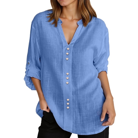 EDFBUYKRS Linen Button Down Shirts for Women Roll up Long Sleeve V Neck Blouse Tops with Pockets L