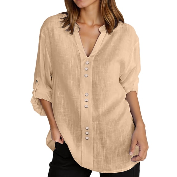 EDFBUYKRS Linen Button Down Shirts for Women Roll up Long Sleeve V Neck Blouse Tops with Pockets Xl