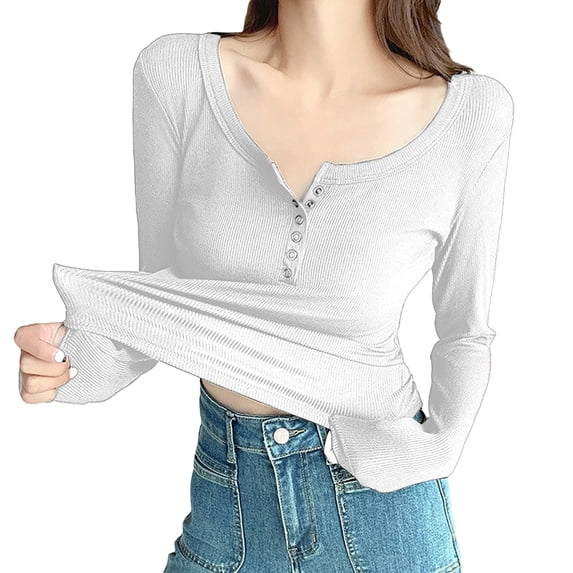 EDFBUYKRS Long Sleeve Blouses Button-Down Shirts for Women Fall Ruffle V-Neck Solid Print Casual Dressy T-Shirt Tops L