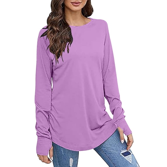 EDFBUYKRS Textured Tops for Women Crew Neck Long Sleeve Shirts Fall Blouses Casual Basic Tee M
