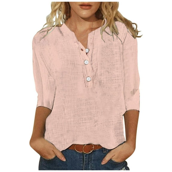 EDFBUYKRS Women's Plus Boho Tops for Women White Women's Fashion Spring and Summer Solid Color Button V Neck 3/4 Sleeve Casual Breathable T Shirt Top (2) S